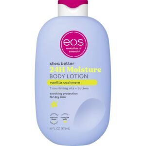 eos shea better body lotion vanilla cashmere, 24 hour moisture skin care, lightweight & non greasy, natural shea, vegan, vanilla body lotion, 16 fl oz